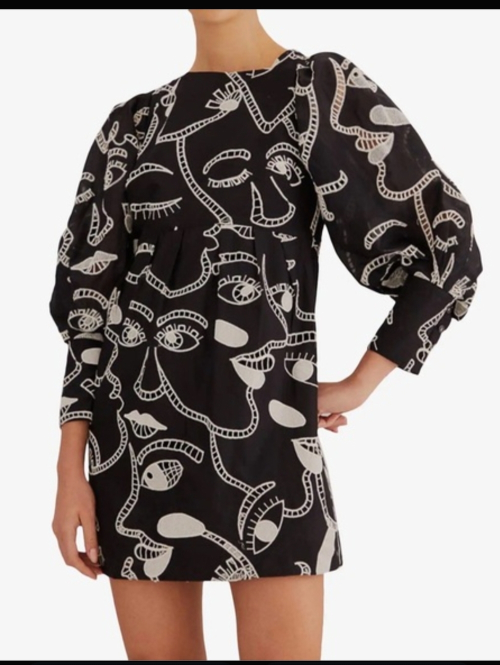 Farm Rio Richelieu Faces Black & Cream Embroidered Puff-Sleeve Women's Dress XL - Picture 5 of 5